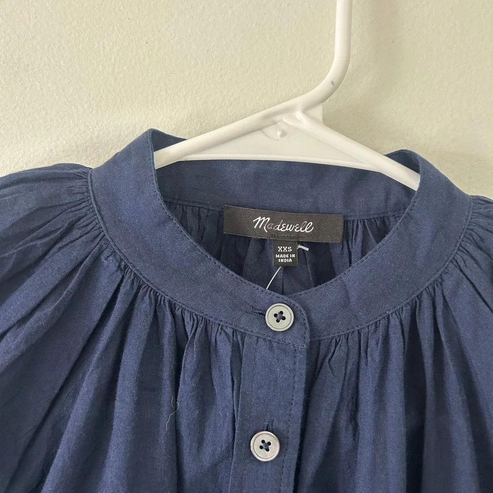 Madewell Women's Shirred Balloon-Sleeve Top Lawn Cotton Voile Blue XXS New